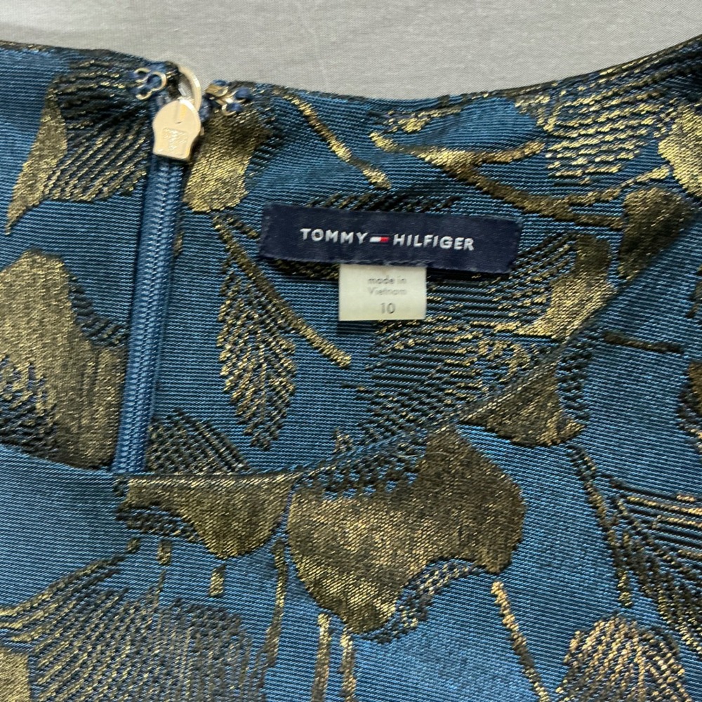 Tommy Hilfiger Teal Gold Metallic Floral Bell Sleeve Jacquard Shift Dress 10 - Picture 2 of 4